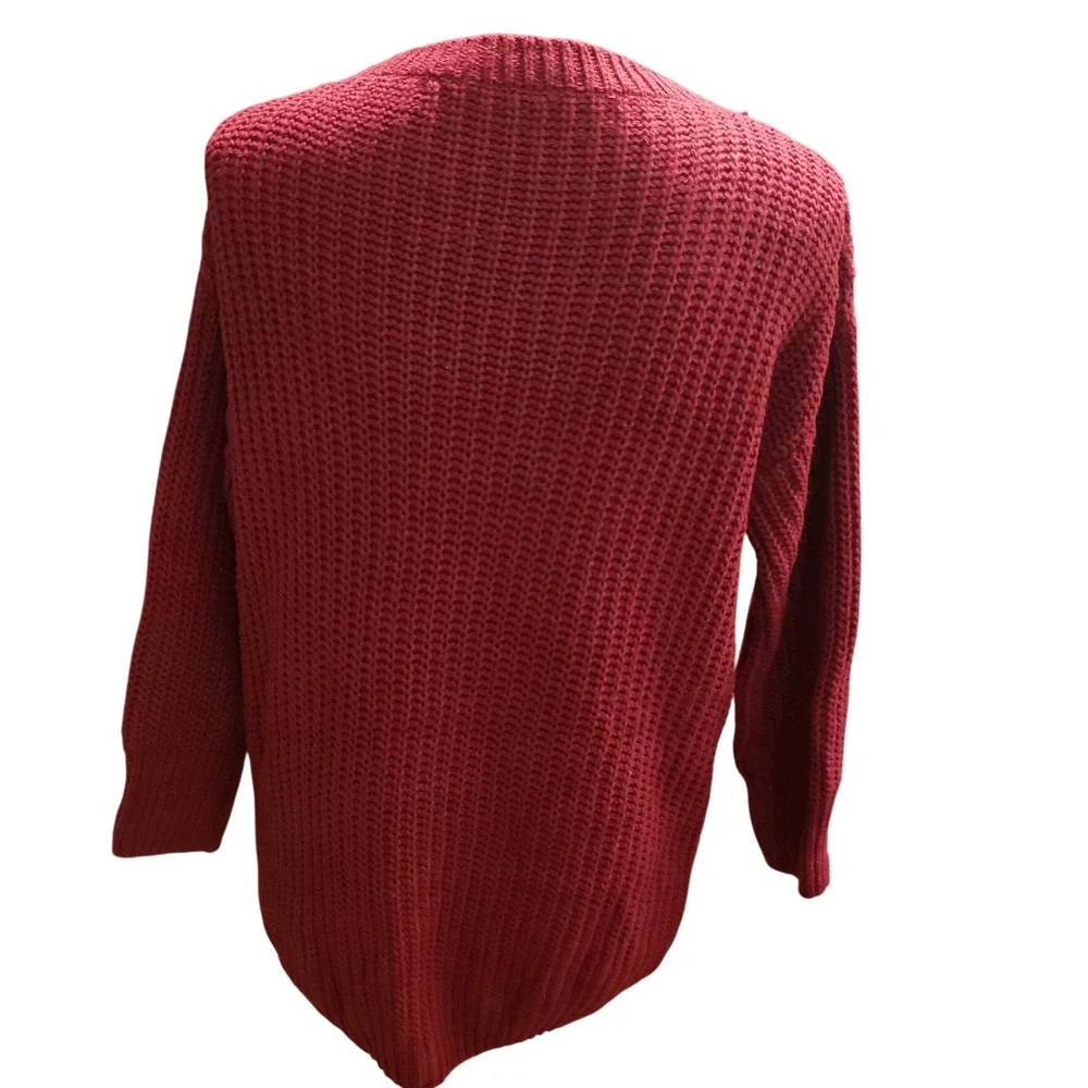 Chunky Knit‎ Sweater Burgundy Long Sleeve Cozy Pullover Warm